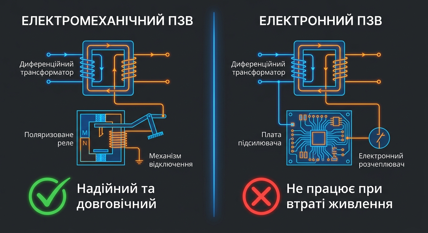 Схематичне порівняння електромеханічного та електронного ПЗВ — різниця у принципі спрацювання.