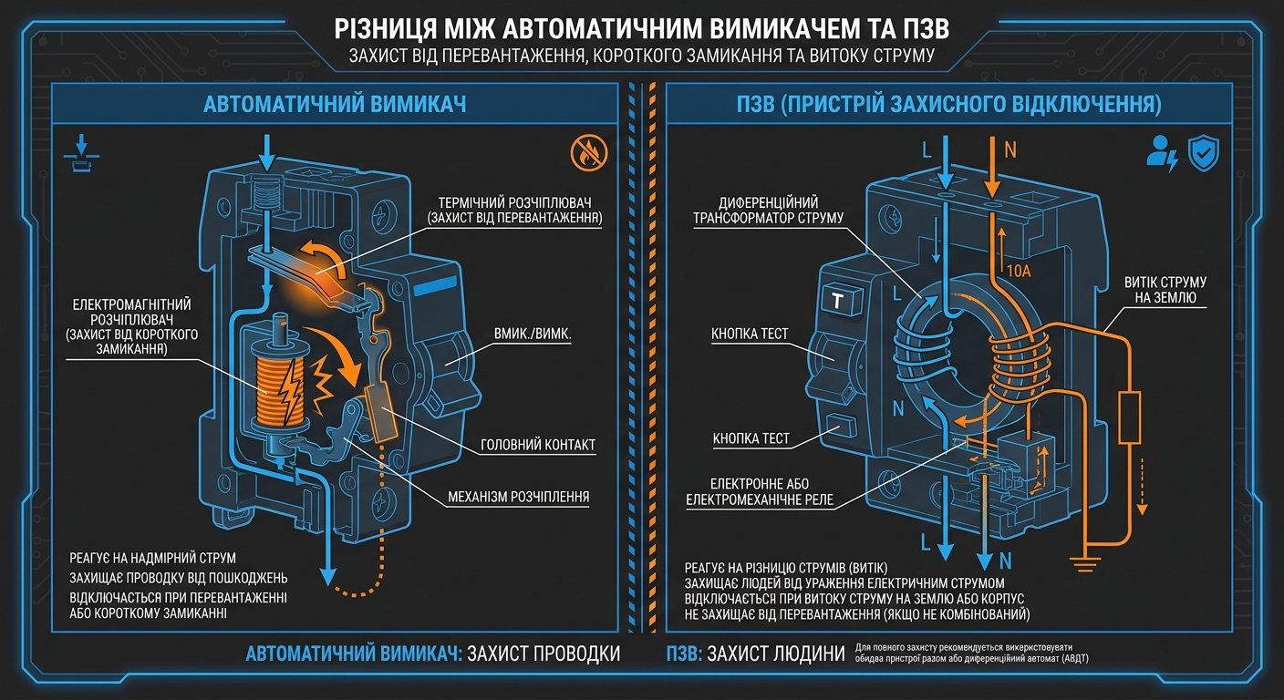 Порівняння будови автоматичного вимикача та ПЗВ — інфографіка з внутрішніми елементами обох пристроїв.