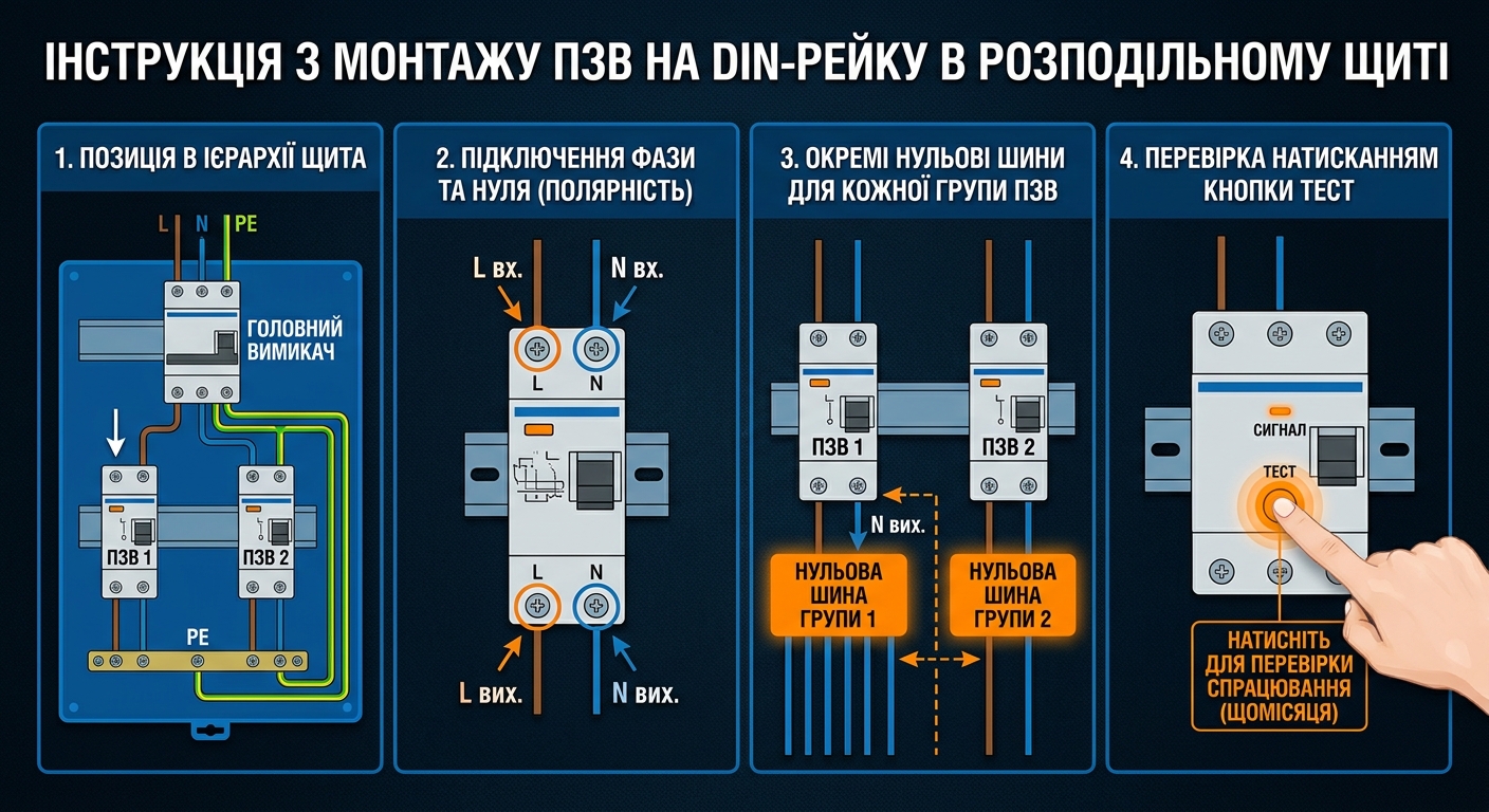 Покрокова інструкція підключення ПЗВ у розподільчий щит — схема з позначенням фази, нуля та заземлення.