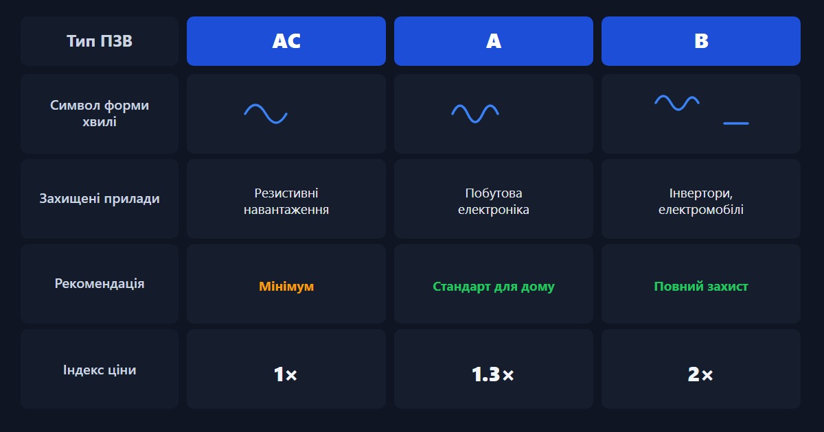 Порівняльна таблиця типів ПЗВ — AC, A та B: форми струму витоку, сфери застосування та цінові категорії.