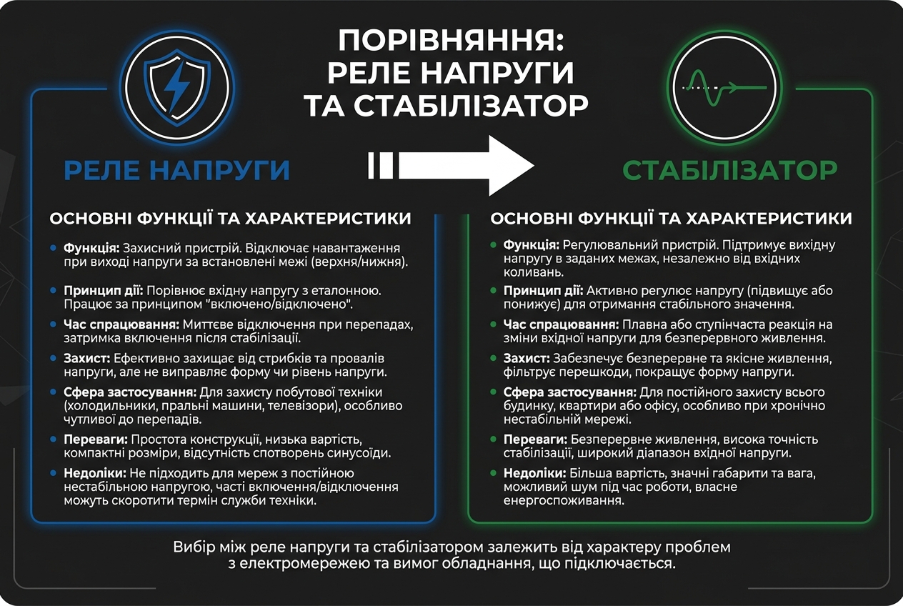 Інфографіка: реле напруги відключає мережу при небезпечній напрузі, стабілізатор коригує її до 220 В