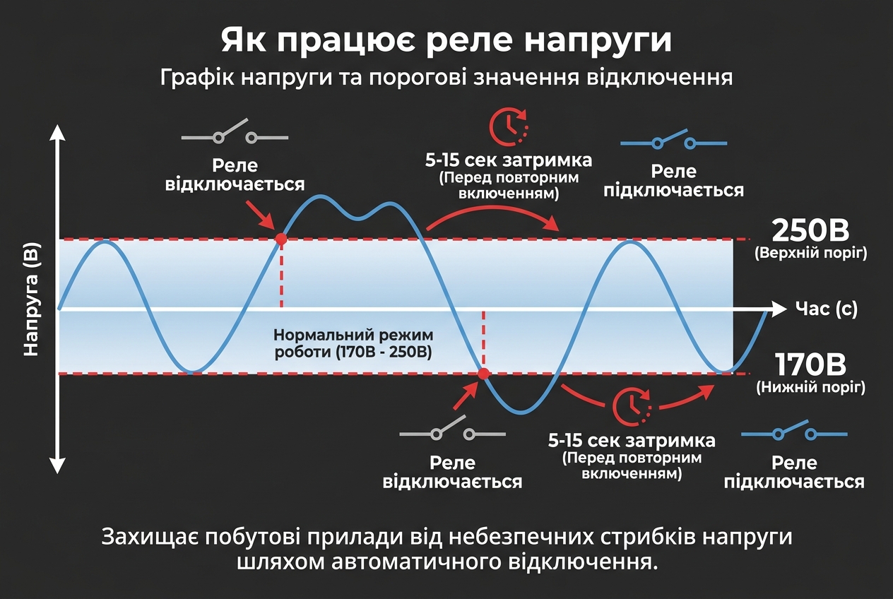 Схема роботи реле напруги: графік напруги з порогами відключення та затримкою повторного включення