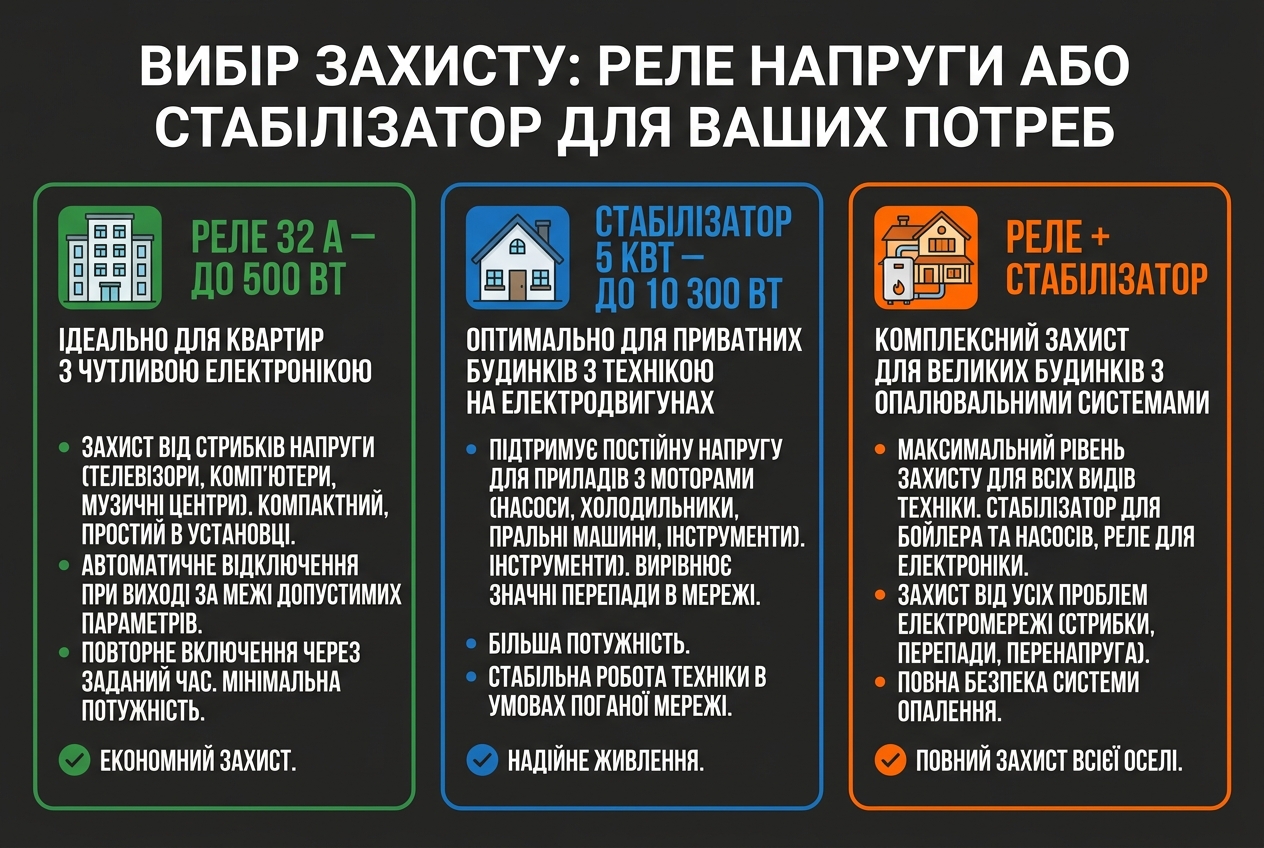 Три сценарії захисту: квартира — реле, село — стабілізатор, котедж — обидва пристрої