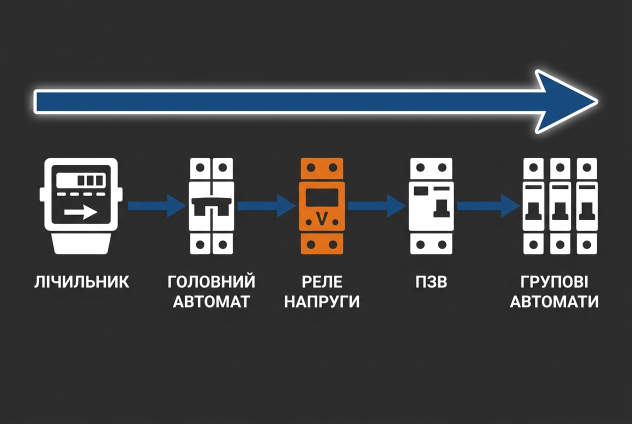 Правильна послідовність пристроїв у побутовому електрощитку