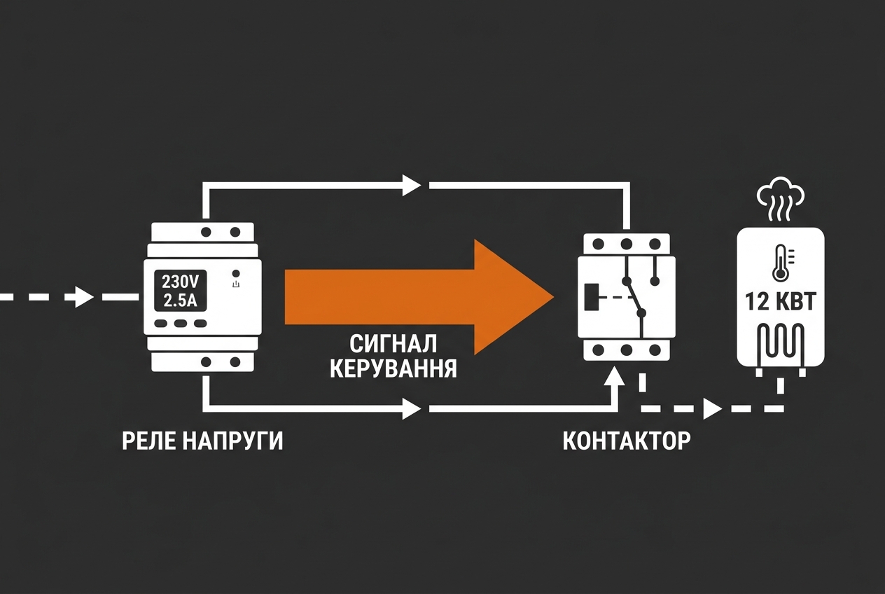 Схема підключення реле з контактором для навантаження понад 40 А