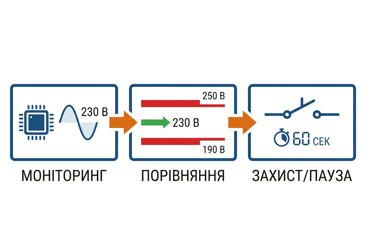 Принцип роботи реле контролю напруги у трьох кроках: вимірювання, порівняння, відключення