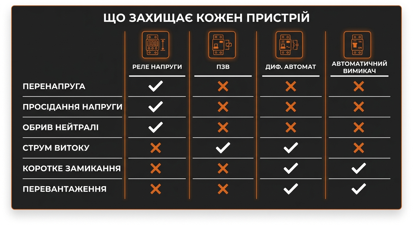 Інфографіка-порівняння захисних функцій реле напруги, УЗО, дифавтомата та автоматичного вимикача