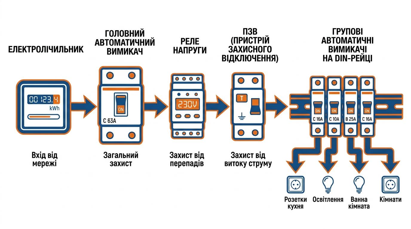 Схема послідовності підключення у щитку — лічильник, ввідний автомат, реле напруги, УЗО, групові автомати