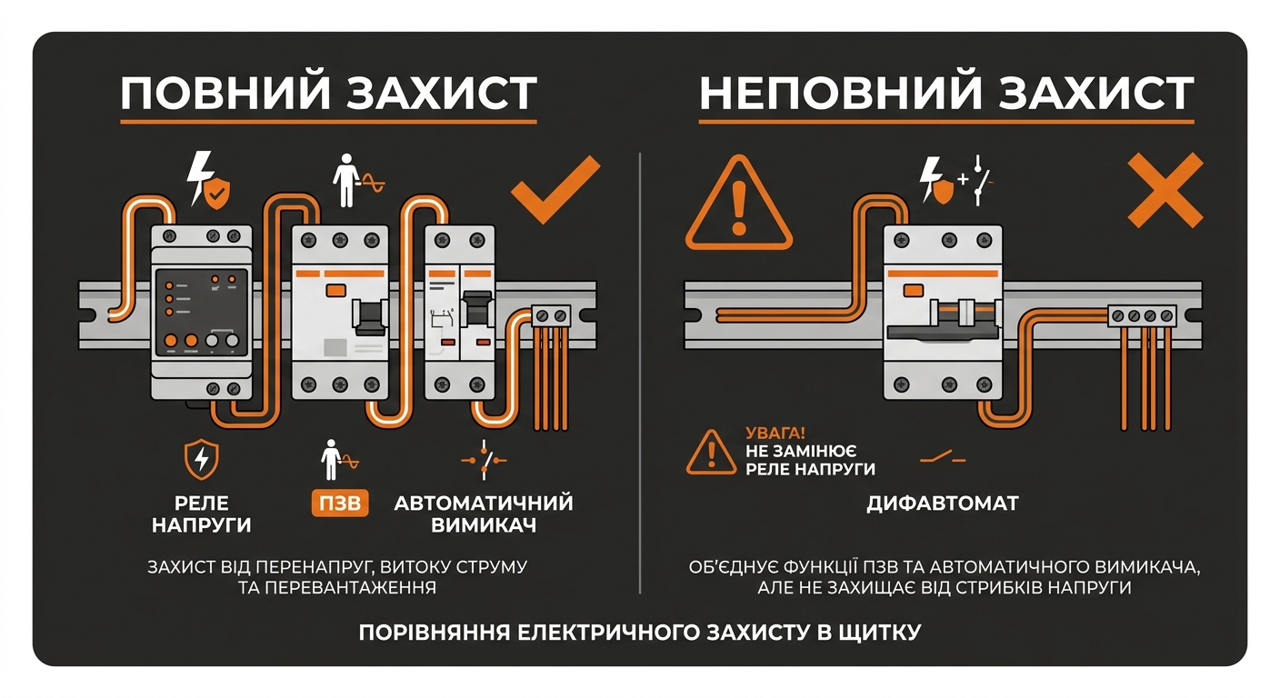 Порівняння зв'язки реле + УЗО + автомат із дифавтоматом — дифавтомат не замінює реле напруги