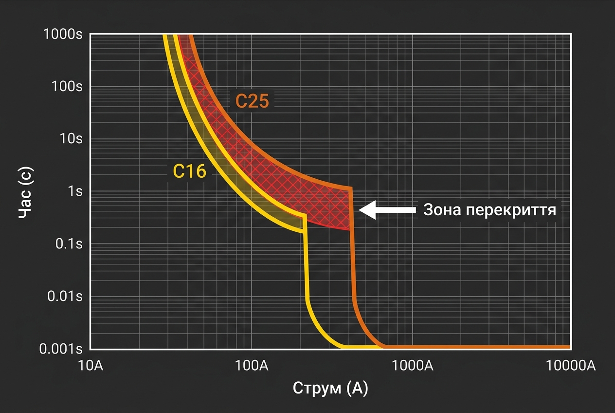 Накладання характеристик у зоні КЗ робить селективність неможливою при високих струмах