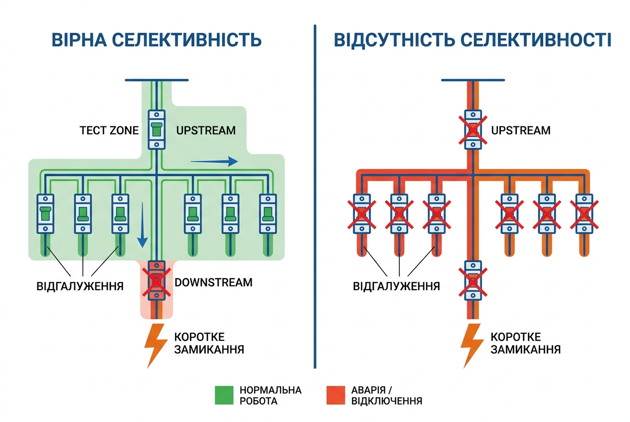 Принцип селективності: при аварії на лінії споживача ввідний автомат залишається увімкненим, зберігаючи живлення інших груп