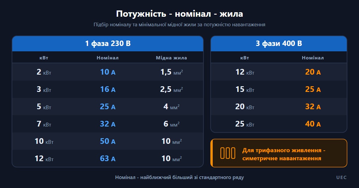 Таблиця-інфографіка: потужність навантаження, потрібний номінал автомата і мінімальна мідна жила для однієї та трьох фаз