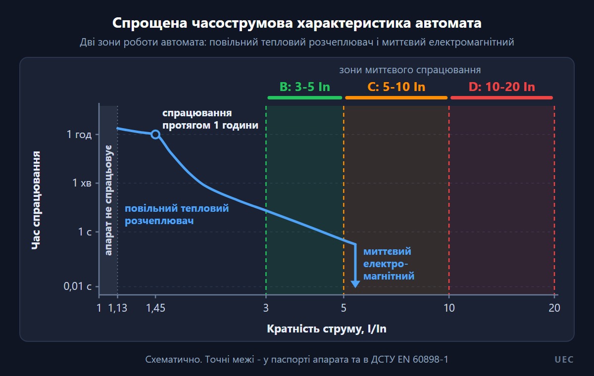 Спрощений графік часострумової характеристики автомата: тепловий розчеплювач і зони миттєвого спрацювання B, C, D