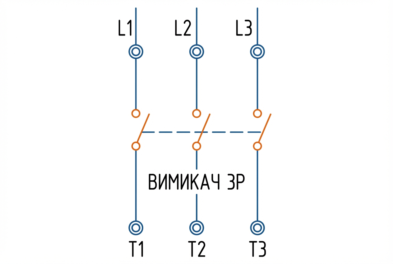 Схема комутації фаз в автоматі 3P: вхідні клеми L1 L2 L3 та вихідні T1 T2 T3