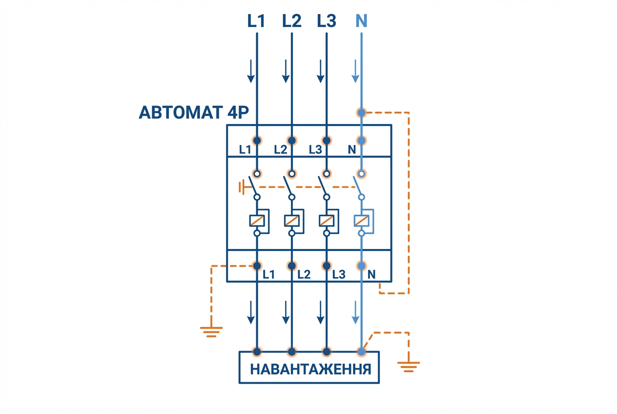 Схема підключення чотириполюсного автомата 4P з розривом нейтралі