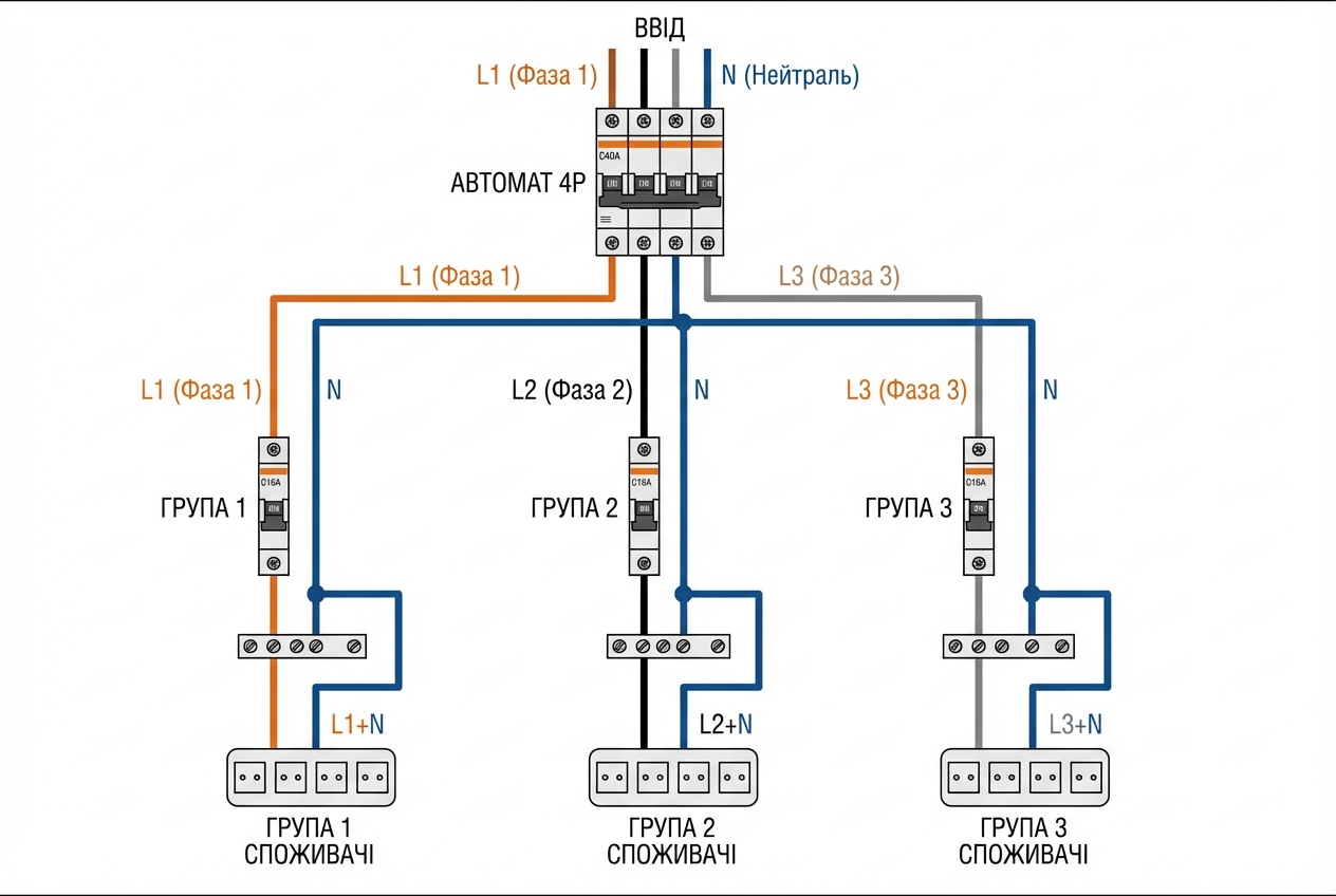 Схема розподілу однофазних груп по трьом фазам з відключенням нейтралі через автомат 4P