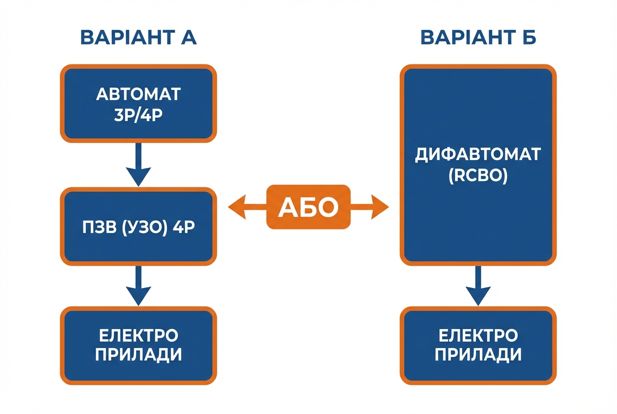 Варіанти комплектації електрощита: автомат + УЗО або дифавтомат RCBO