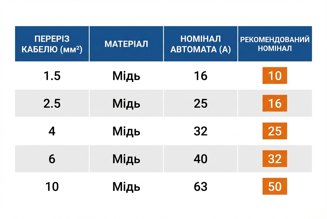 Таблиця відповідності перерізу кабелю та рекомендованого номіналу автомата