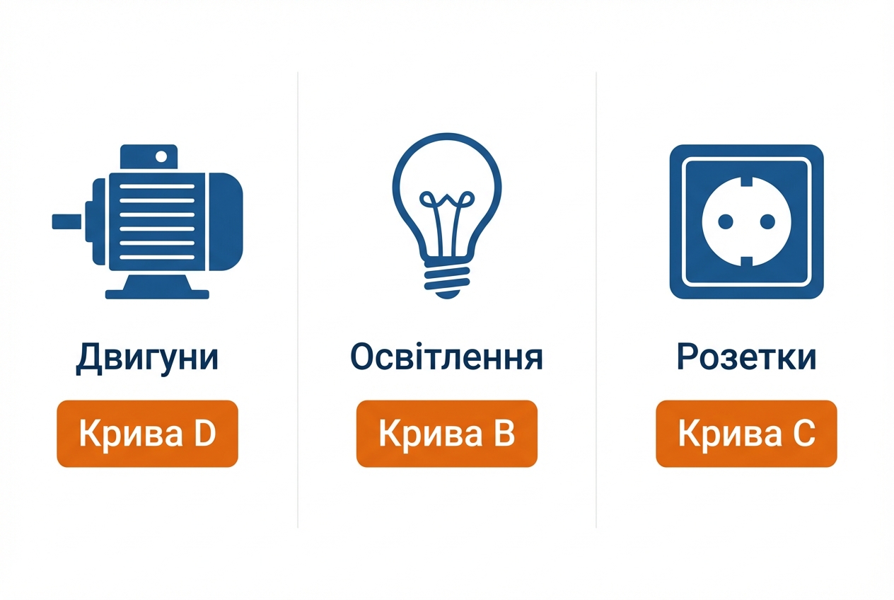 Інфографіка відповідності типів навантажень та рекомендованих характеристик відключення B/C/D