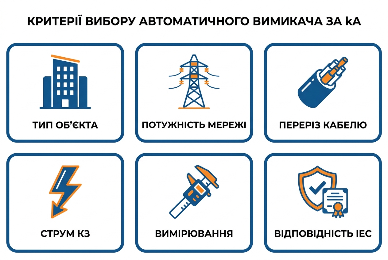 Пам'ятка: критерії вибору автоматичного вимикача по кА (Icn) — тип об'єкта, відстань до ТП, стан проводки, фазність, вимірювання, стандарти IEC