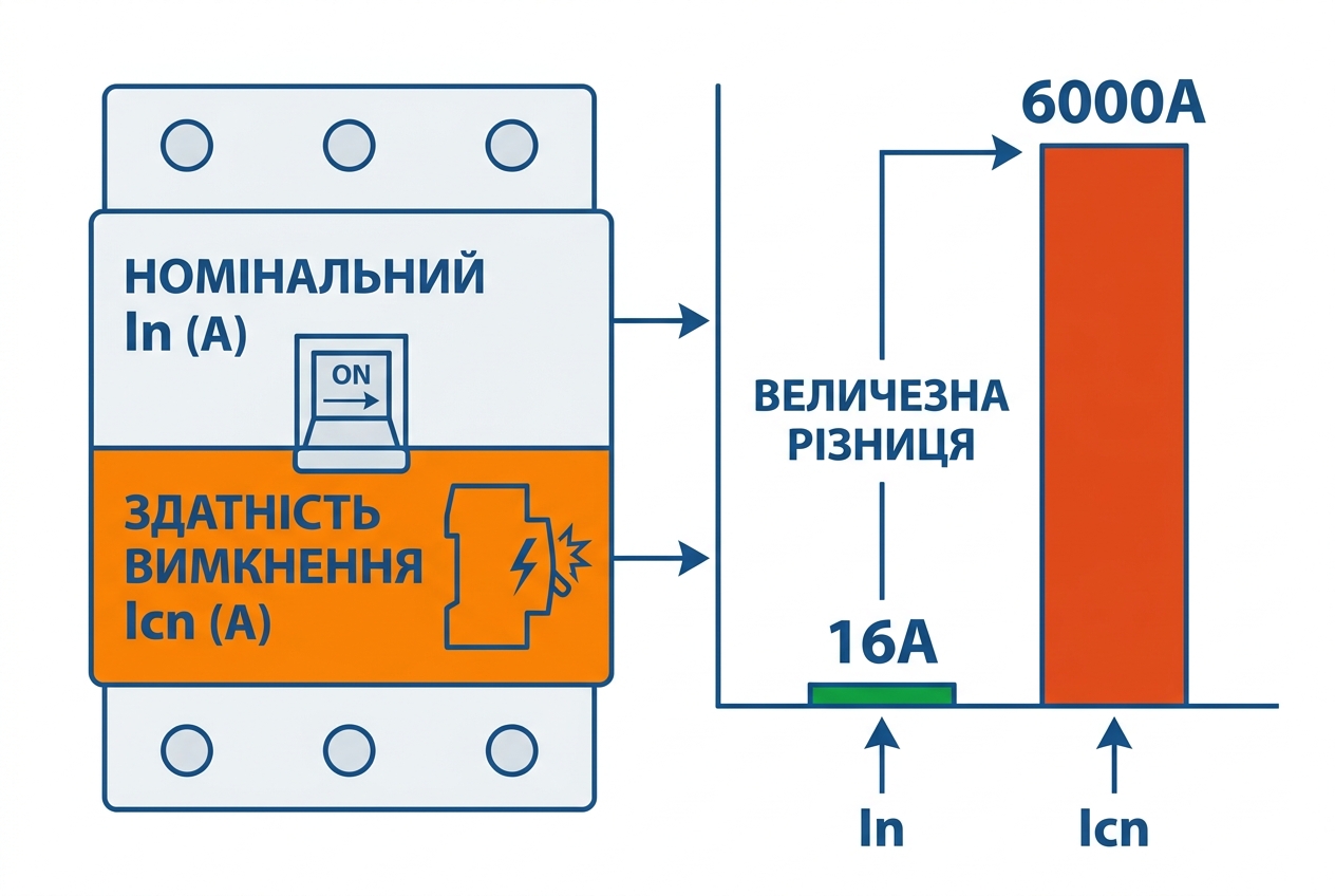 Номінал In (A) — це штатне навантаження, тоді як Icn (kA) — це гранична межа безпеки при аварії