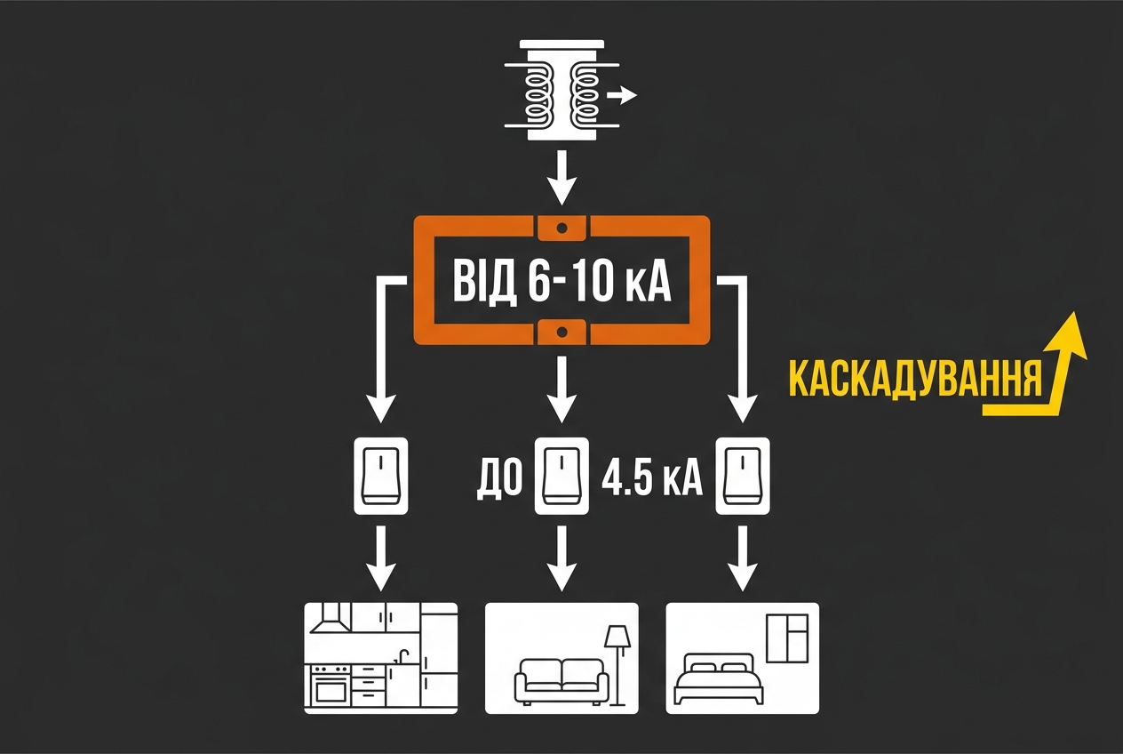 Ввідний автомат має вищу стійкість (6-10 кА), а на віддалених групах можливе використання 4.5 кА при дотриманні умов селективності
