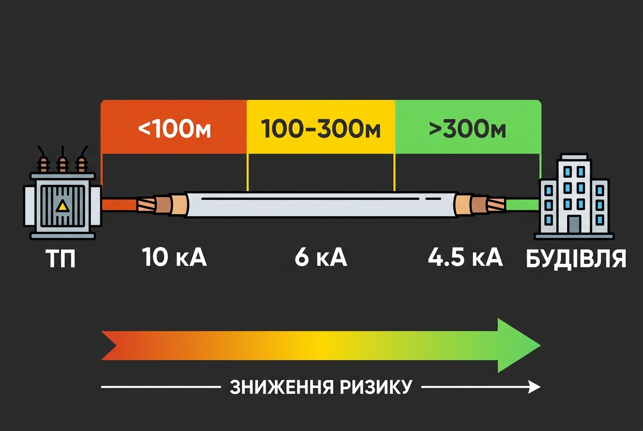 Коротший кабель = менший опір = вищий струм КЗ = потреба в 10 кА
